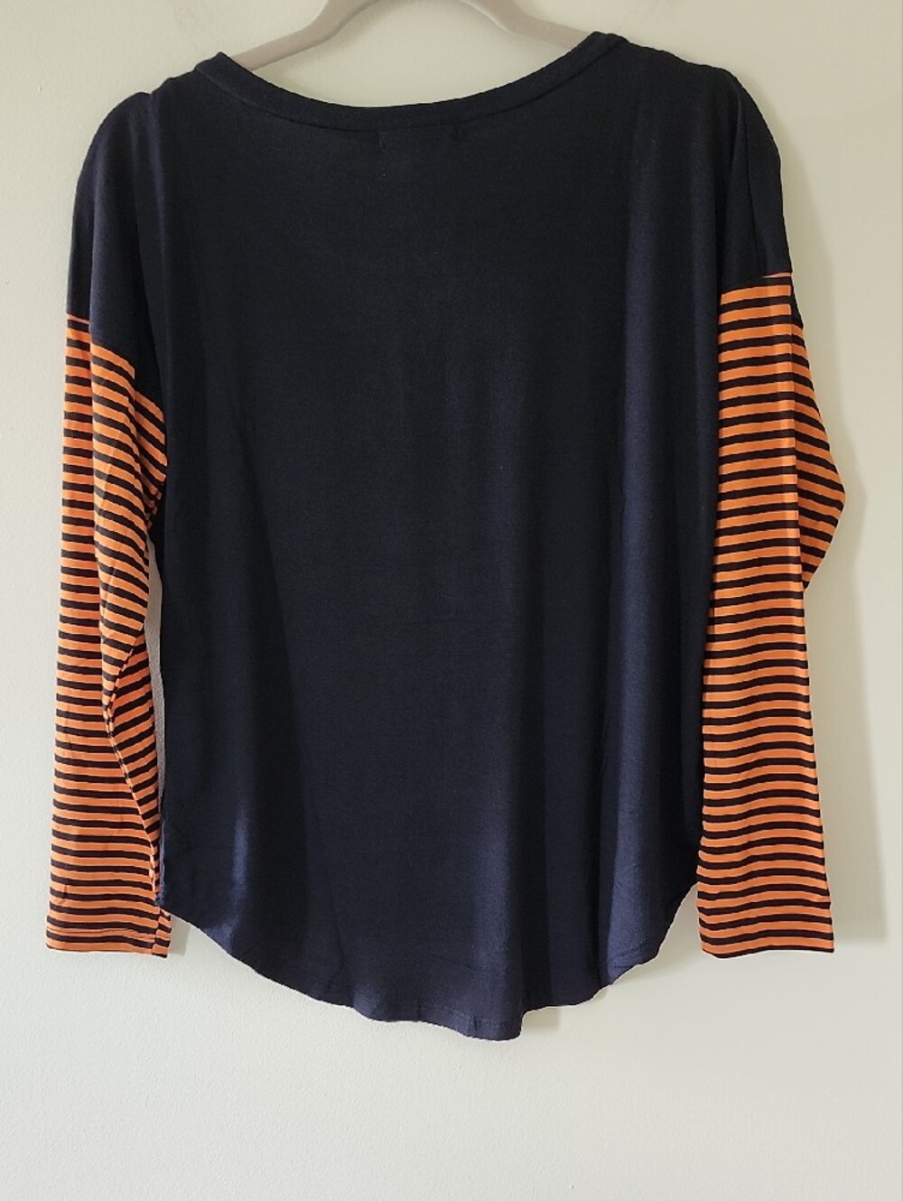 Poof! Black Long Sleeve Halloween Top with Orange Striped Sleeves - Medium - Picture 8 of 8